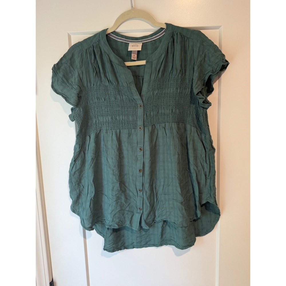 Knox Rose Womens Teal Green Smocked Empire Waist Button Down Blouse Top Size M